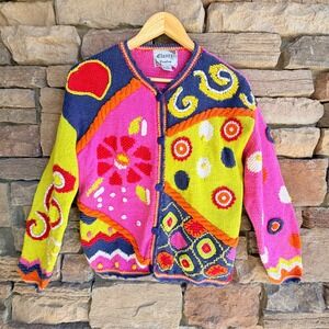 Clarity Creation Women's Artsy Beaded Patchwork Knit Button Cardigan Sweater M
